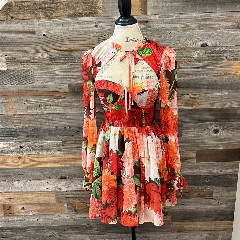 L'ATISTE Floral Red and Green Mini Dress